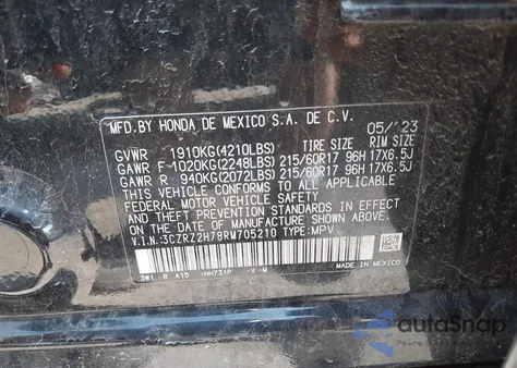 2024 Honda Hr-V Awd Ex-L/Awd Ex-L W/O Bsi z USA, uszkodzony, nr VIN 3CZRZ2H78RM705210